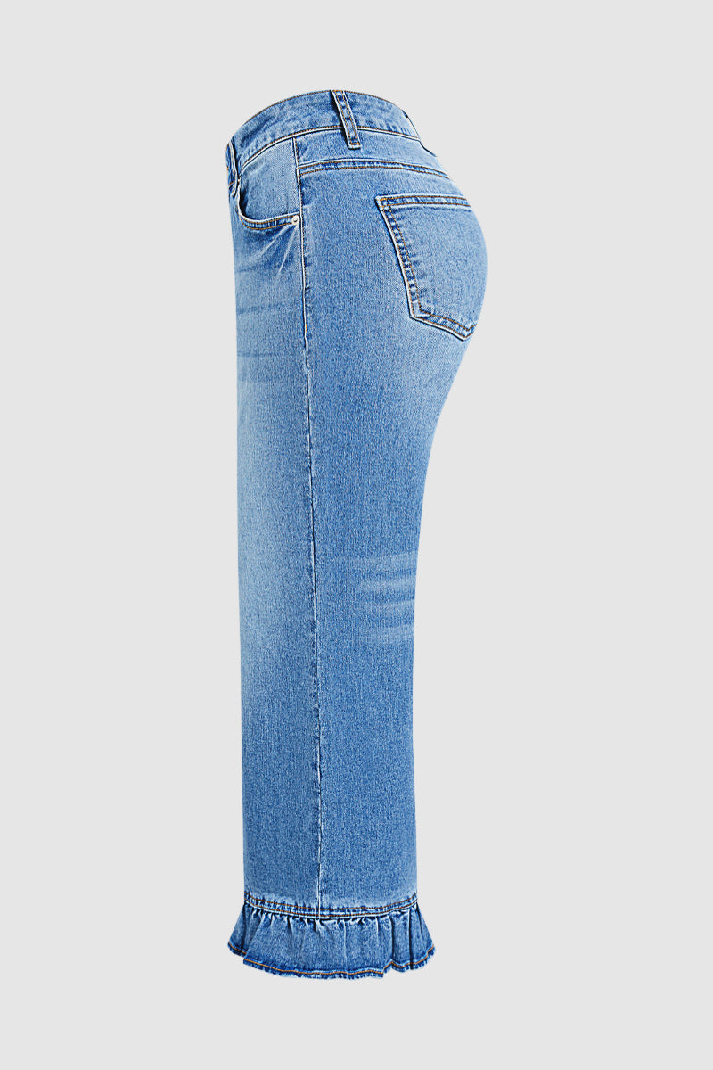 Wash Ruffle Hem High Waist Wide Leg Crop Jeans Without Belt