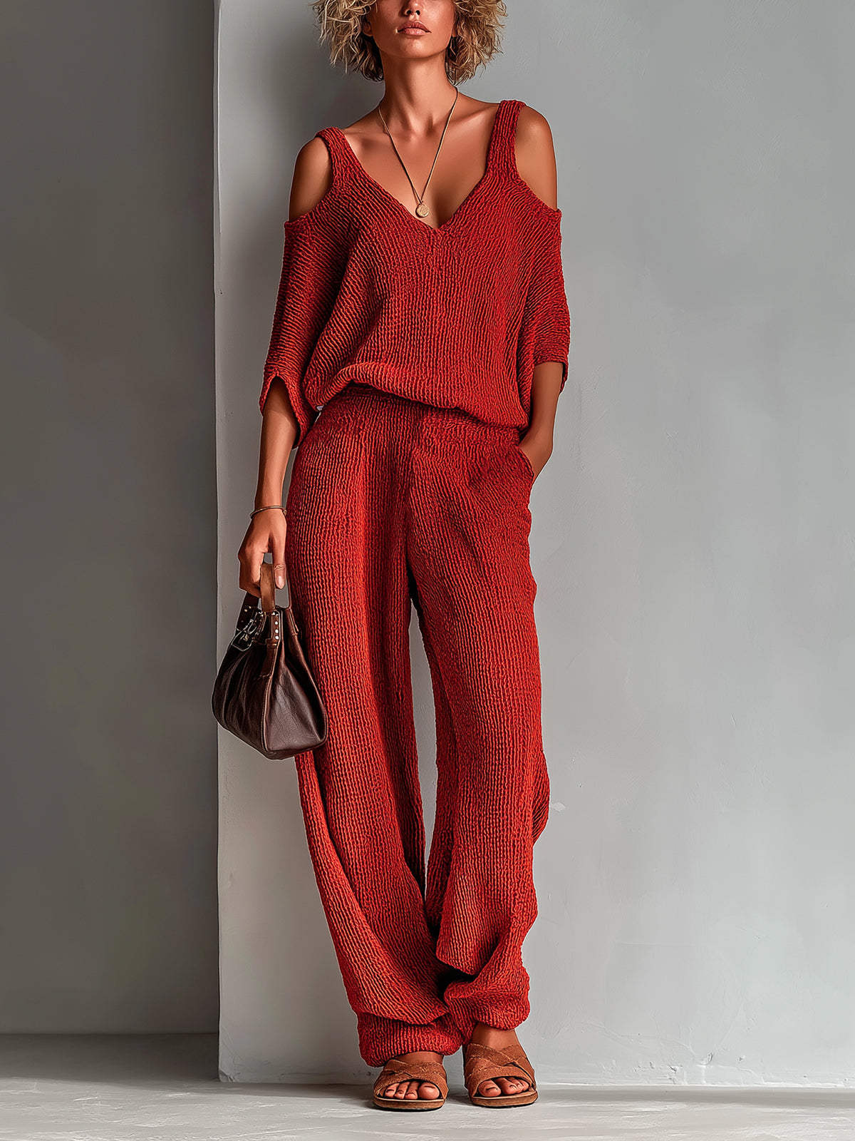 Chic Elegant Red V-Neck Half-Sleeve Cutout Details Loose-Fit Sweater Wide-Leg Pants Knit Two-Piece Set