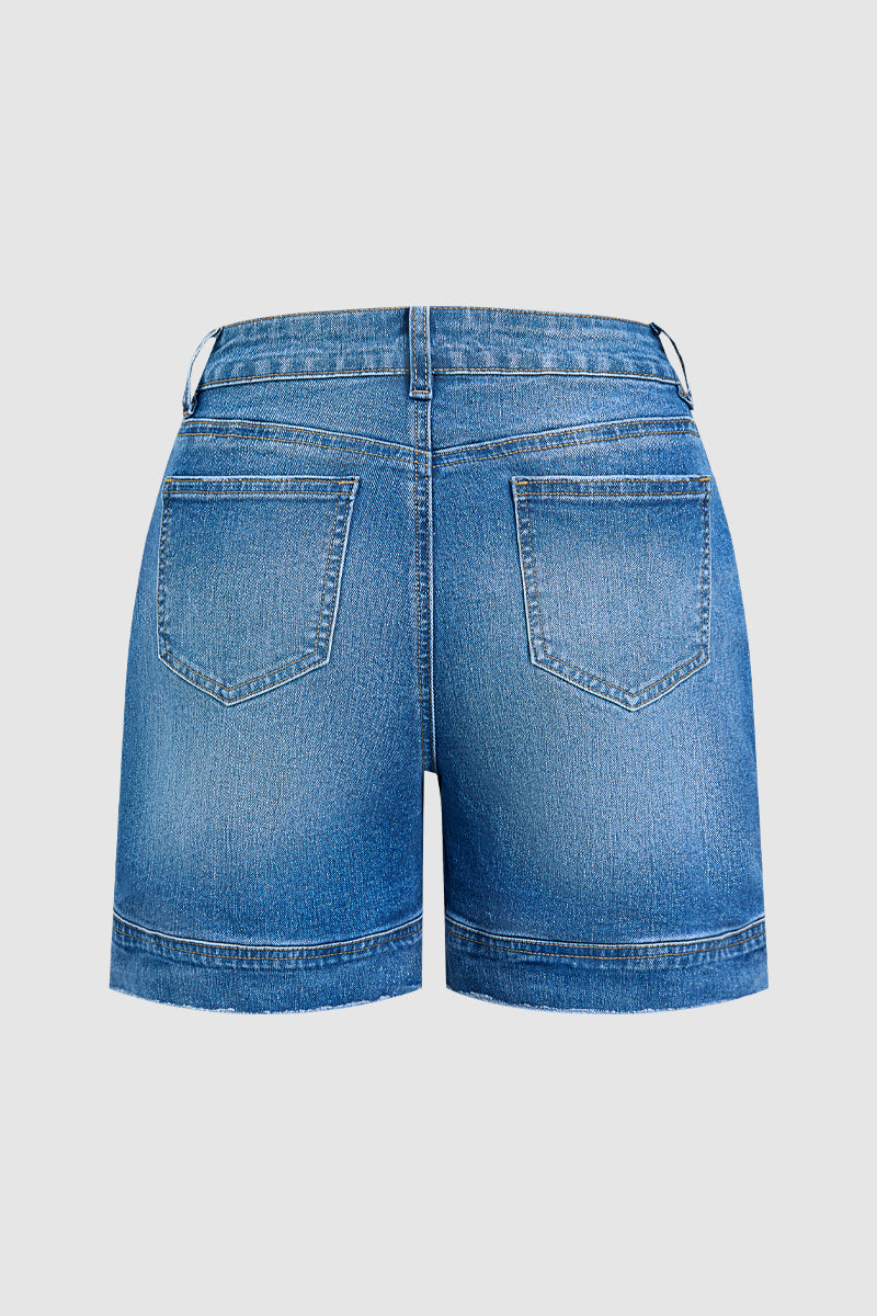 Wash Split Mid Waist Denim Mid Thigh Shorts Without Belt