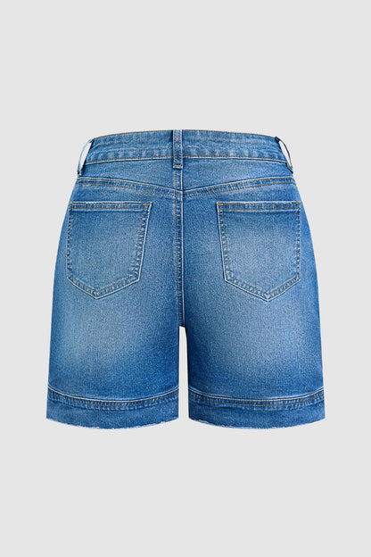 Wash Split Mid Waist Denim Mid Thigh Shorts Without Belt