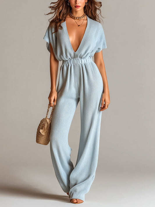Chic Elegant Light Blue Deep V-Neck Short-Sleeve Elastic Waist Loose-Fit Wide-Leg Ribbed Knit Jumpsuit