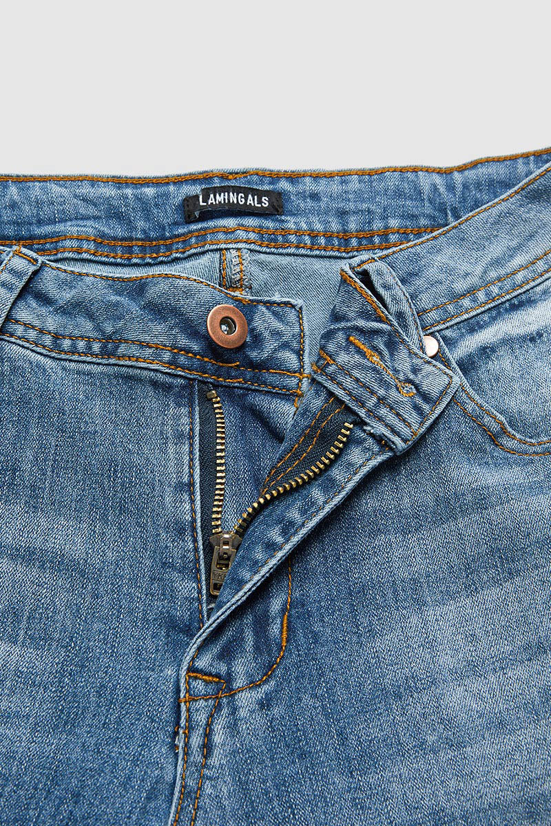 Wash Stretchy Mid Waist Straight Leg Jeans