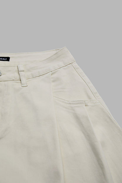 Solid Pleated Mid Rise Barrel Leg Pants Without Belt