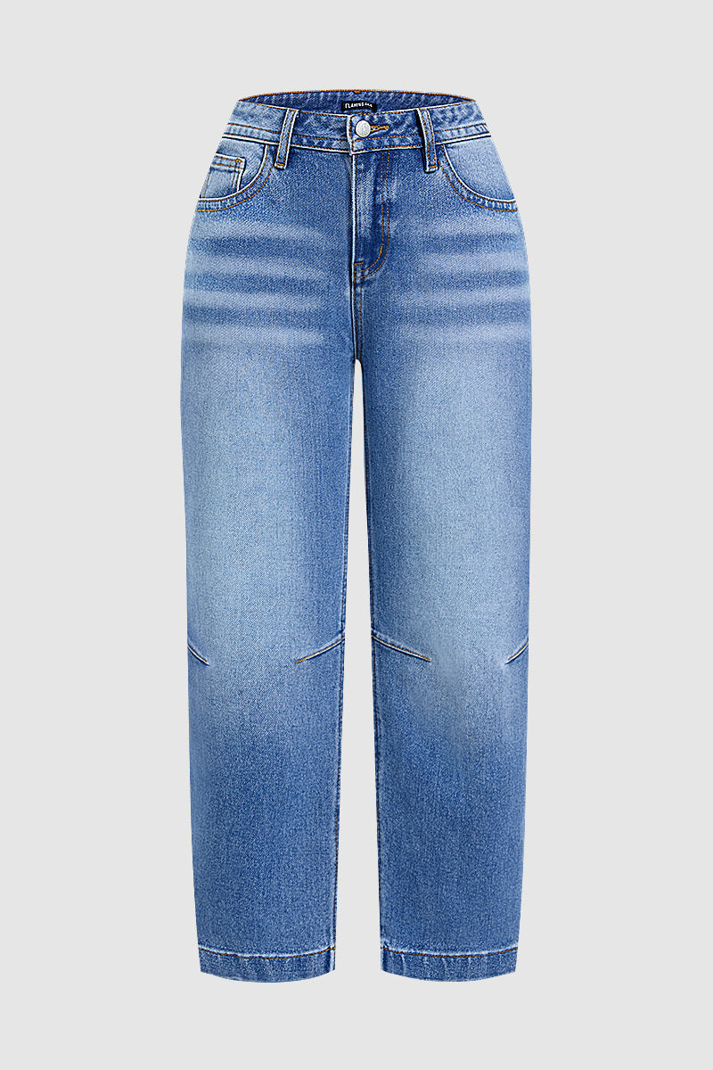 Stitch Detail Mid Waist Straight Leg Crop Jeans