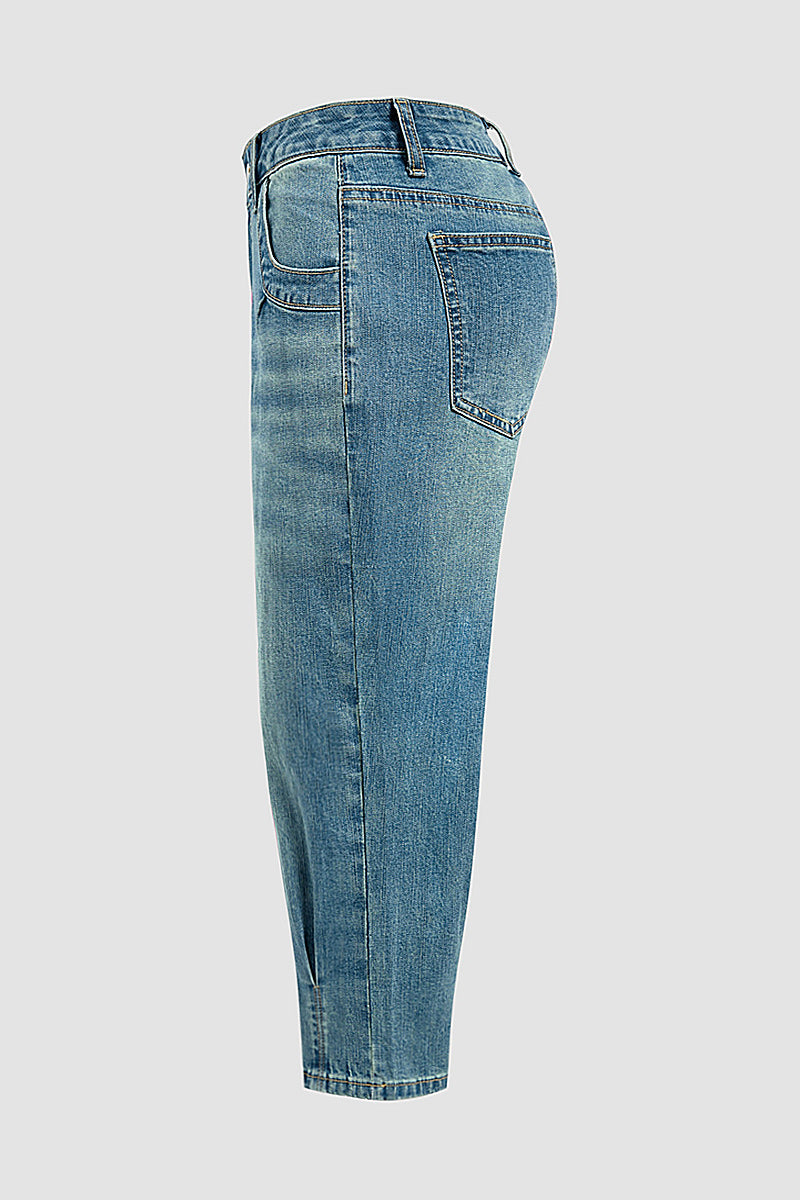 Wash Pleated Mid Rise Capri Tapered Jeans Without Belt