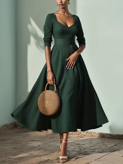Robe Midi en Lin, Manches Courtes, Col Cœur, Unie, Vintage, Vert Foncé