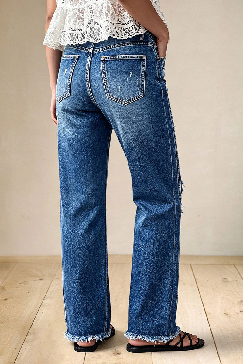 Wash Raw Hem Ripped Mid Waist Straight Leg Jeans