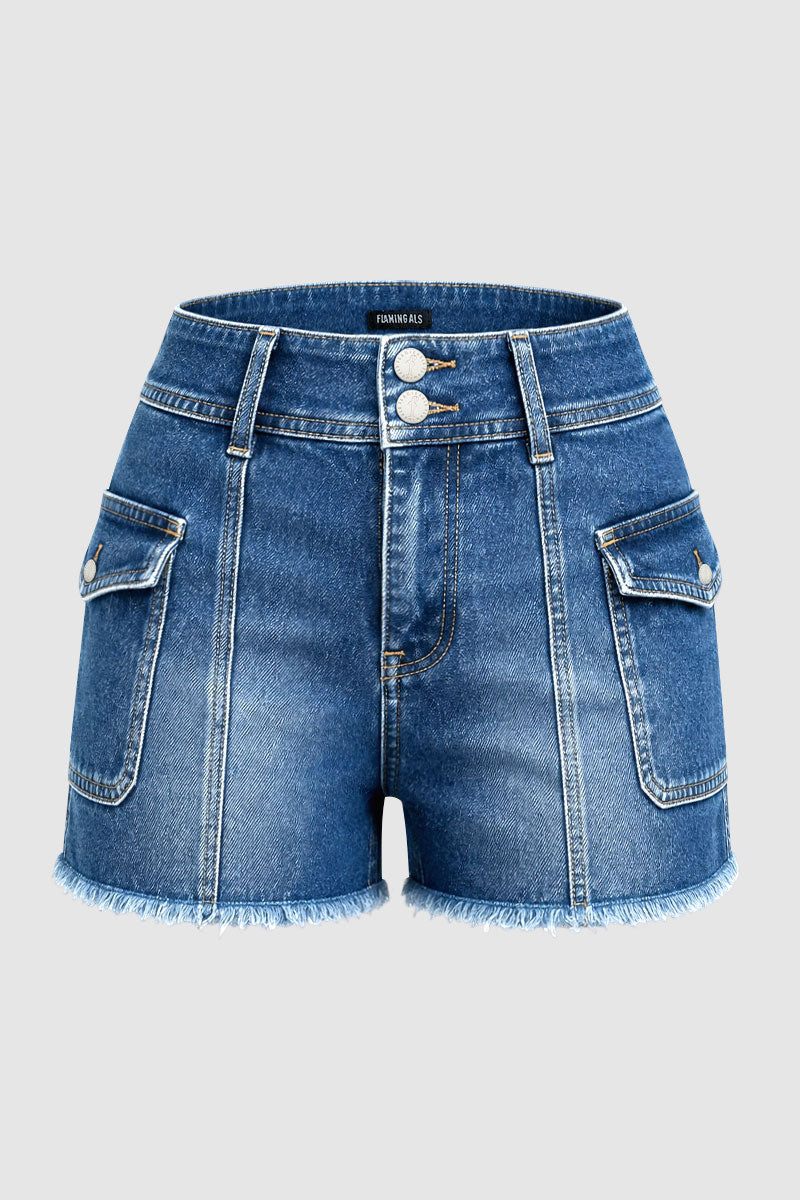 Wash Raw Hem Stitch Detail Flap Pocket Mid Waist Denim Shorts