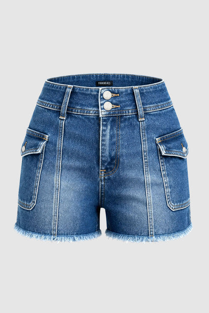 Wash Raw Hem Stitch Detail Flap Pocket Mid Waist Denim Shorts