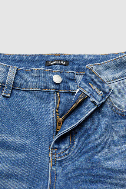 Raw Hem Mid Waist Straight Leg Jeans