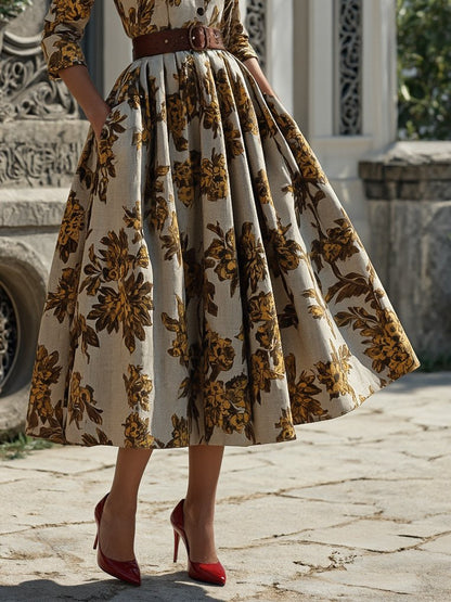 Robe midi en coton, demi-manches, col châle, motif floral, boutonnée, vintage, gris-brun