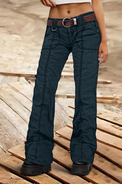 Solid Stitch Detail Mid Rise Straight Leg Cargo Pants Without Belt