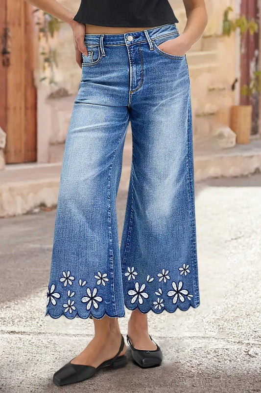 Floral Embroidery Scallop Trim Mid Rise Wide Leg Crop Jeans