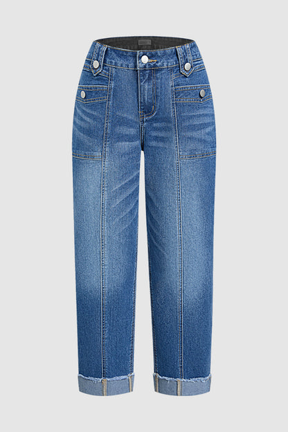 Roll & Raw Hem Stitch Detail Flap Decor High Waist Tapered Cropped Jeans