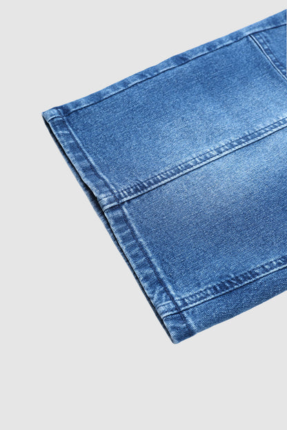 Wash Dual Button Stitch Detail Mid Waist Denim Bermuda Shorts