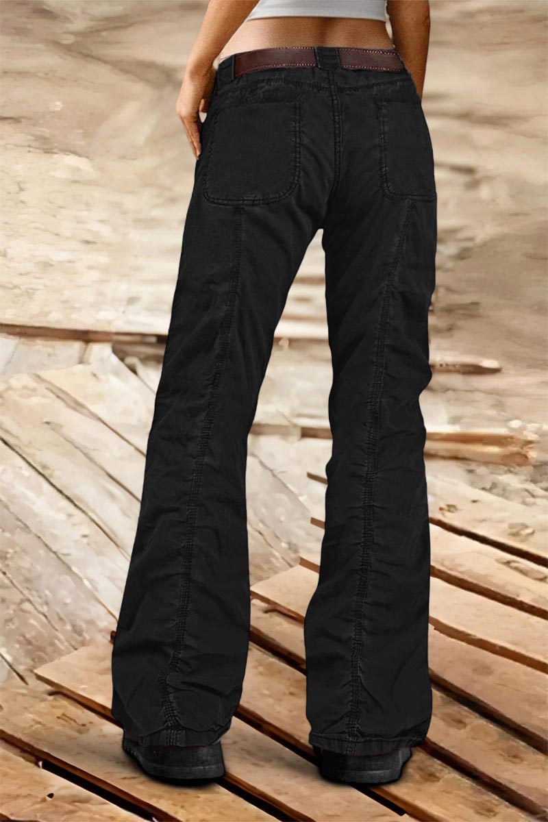 Solid Stitch Detail Mid Rise Straight Leg Cargo Pants Without Belt