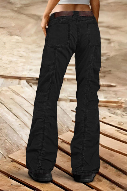 Solid Stitch Detail Mid Rise Straight Leg Cargo Pants Without Belt