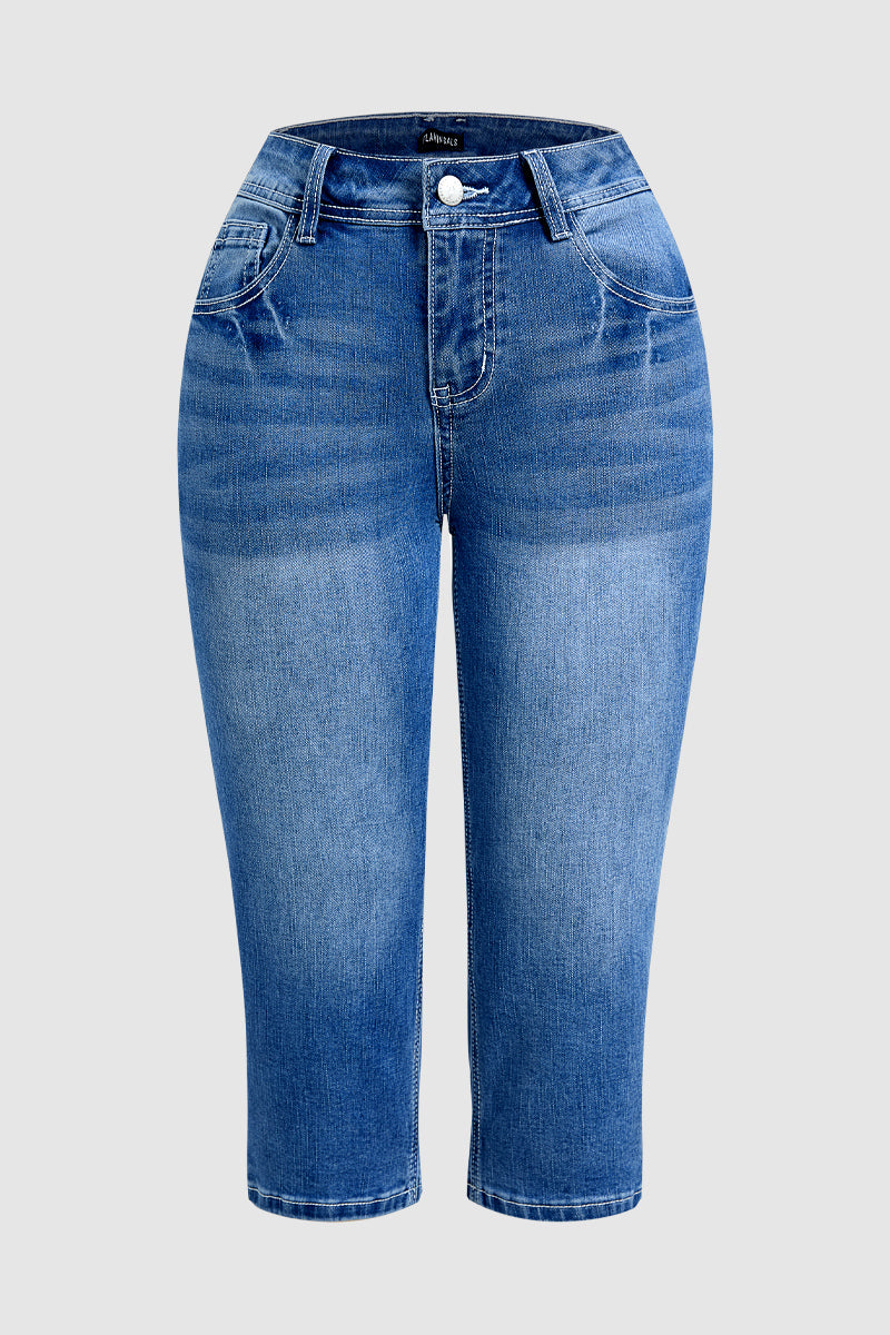 Wash Floral Embroidered Pocket Back High Rise Capri Skinny Jeans