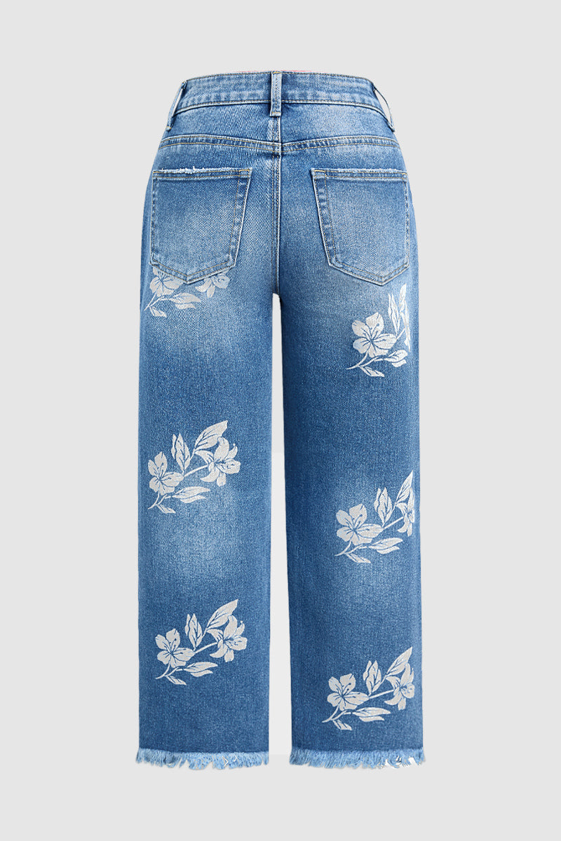 Floral Print Raw Hem Mid Waist Straight Leg Crop Jeans