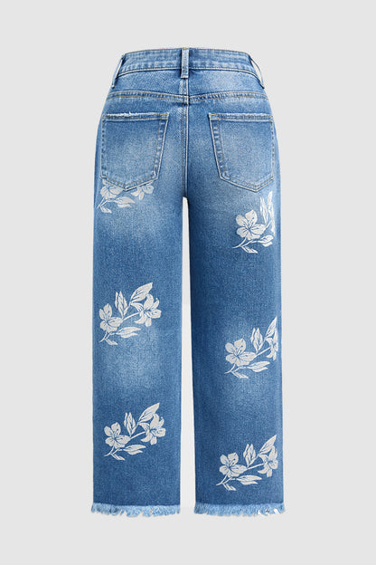 Floral Print Raw Hem Mid Waist Straight Leg Crop Jeans