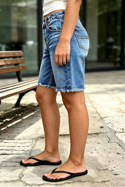 Wash Raw Hem Mid Rise Denim Bermuda Shorts