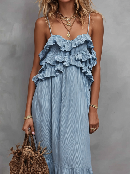 Robe longue romantique à rayures, volants et bretelles spaghetti étagées