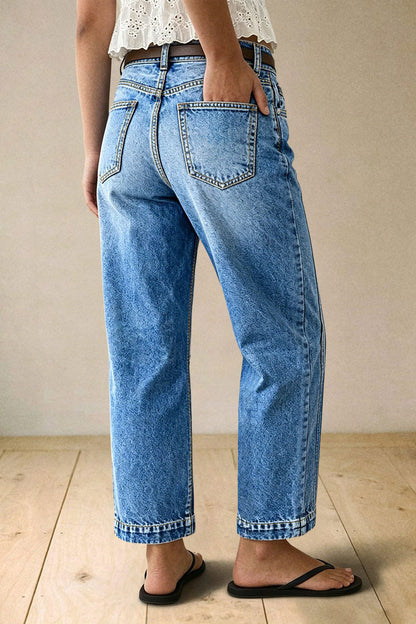 Wash Stitch Detail Mid Waist Straight Leg Cropped Jeans Without Belt