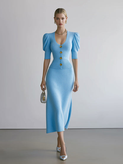 Chic Elegant Blue Deep U-Neck Button-Front Short-Sleeve Sweater Bodycon A-Line Midi Skirt Knit Two-Piece Set