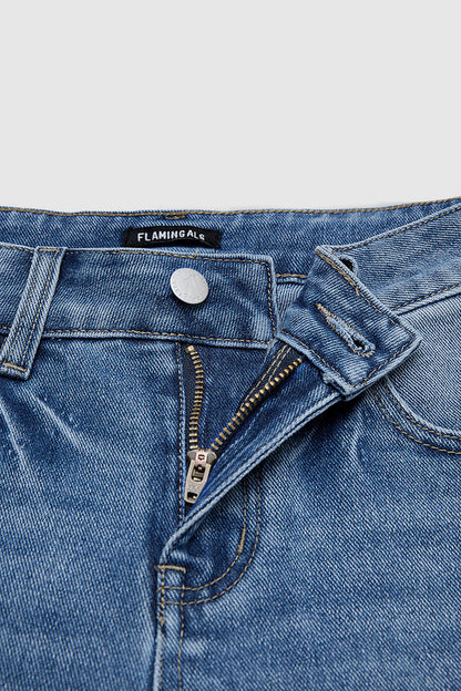Wash Seam Front Roll Raw Hem Mid Rise Straight Leg Crop Jeans Without Belt