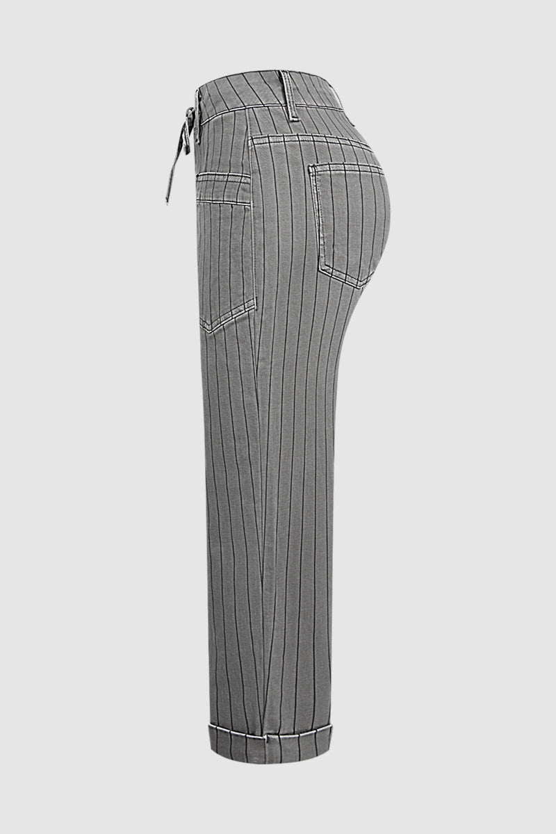 Striped Roll Hem Drawstring Mid Waist Straight Leg Cropped Pants