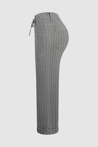 Striped Roll Hem Drawstring Mid Waist Straight Leg Cropped Pants