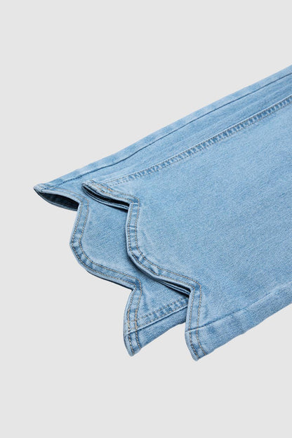 Wash Scallop Hem Mid Waist Straight Leg Crop Jeans