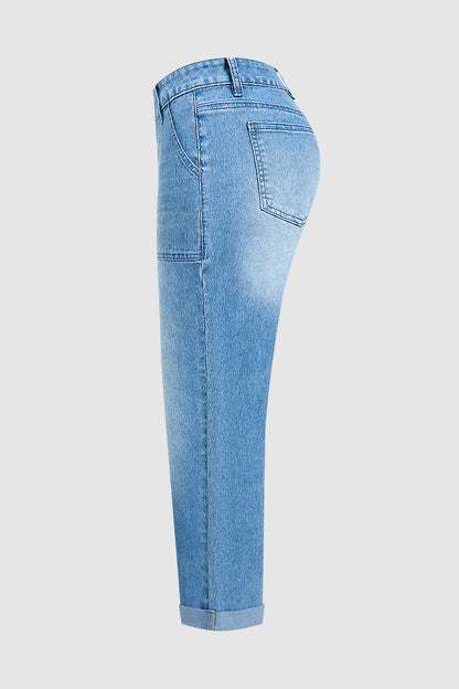 Roll Hem Mid Waist Straight Leg Crop Jeans Without Belt