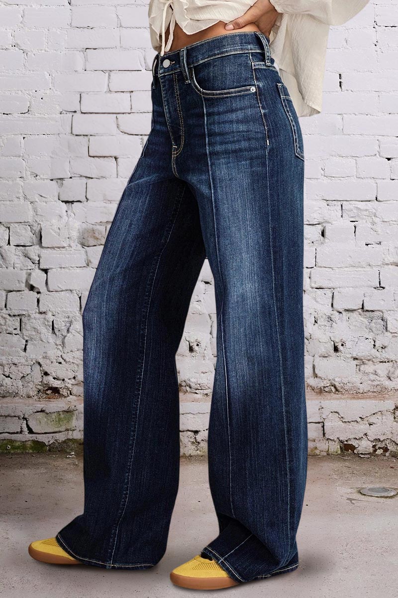 Wash Seam Front Mid Rise Straight Leg Jeans
