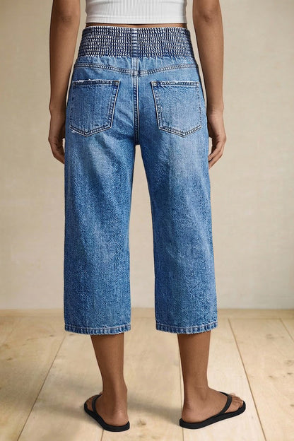 Raw Hem Elastic Mid Waist Straight Leg Capri Jeans