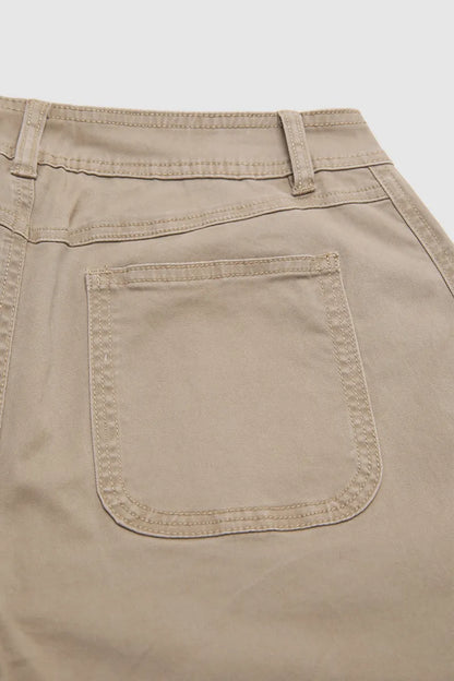 Solid Patch Pocket Mid Waist Wide Leg Pants