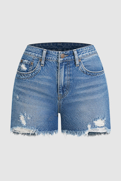 Wash Raw Hem Ripped Mid Waist Denim Shorts