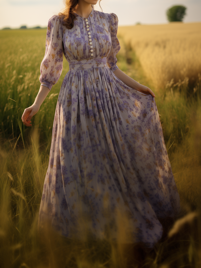 Robe longue en lin, décontractée, florale, avec poches brodées, col rond, ceinture, manches mi-longues, violette, style vintage