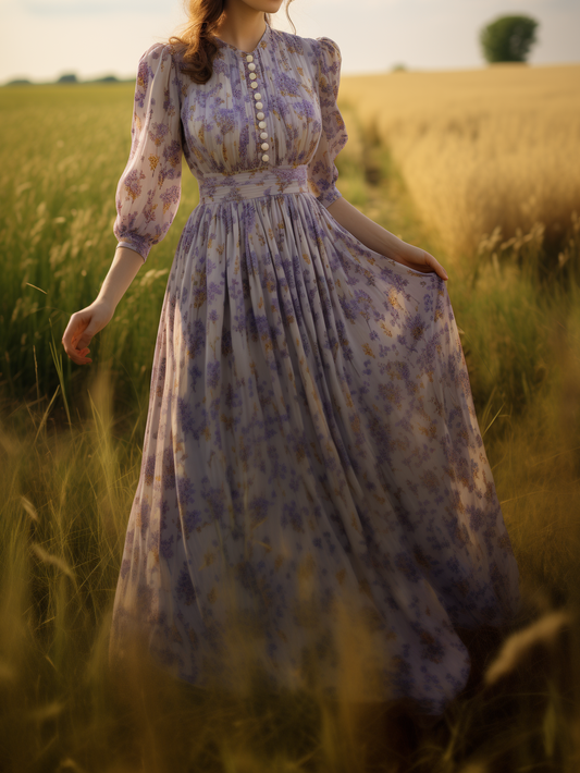 Robe longue en lin, décontractée, florale, avec poches brodées, col rond, ceinture, manches mi-longues, violette, style vintage