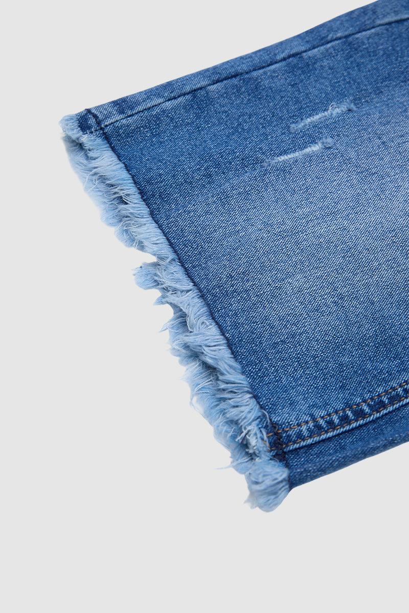Raw Hem Ripped High Waist Denim Bermuda Shorts