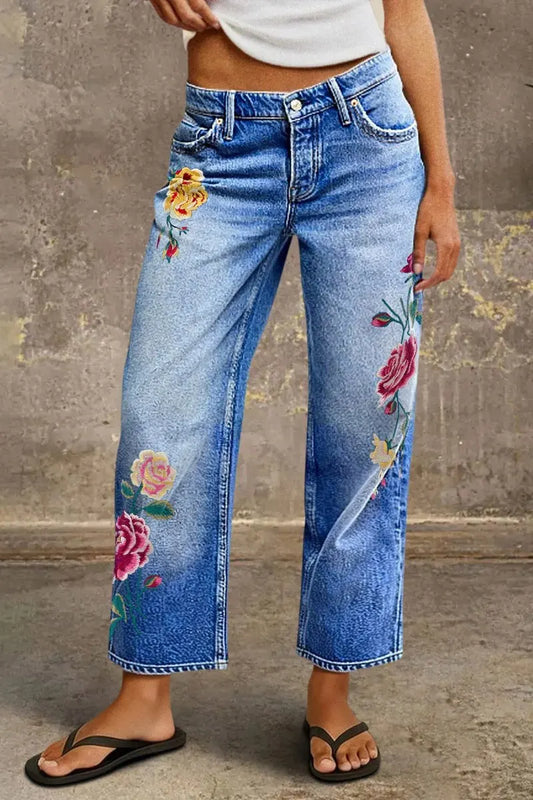 Wash Floral Embroidery Mid Rise Straight Leg Crop Jeans