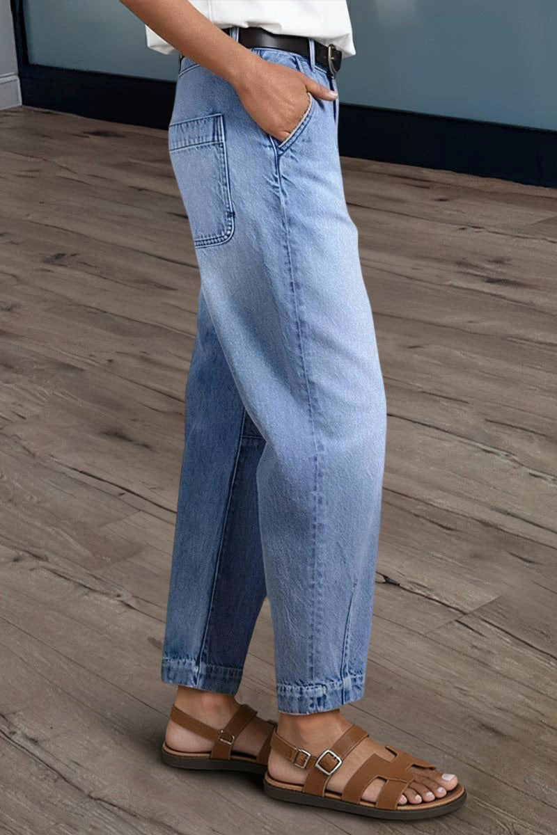 Wash Stitch Detail Mid Rise Barrel Leg Crop Jeans Without Belt