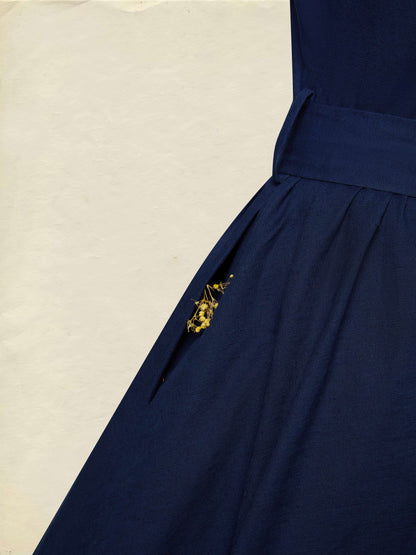 Robe longue en coton, manches longues, col montant, unie, ceinture, vintage français, violet bleu