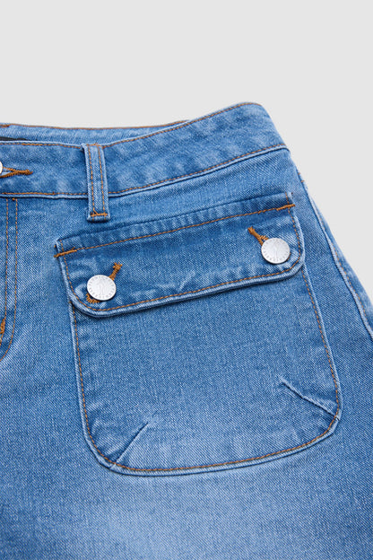 Wash Flap Pocket Roll Hem Mid Rise Denim Shorts Without Belt