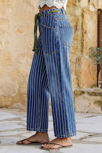 Pinstripe Drawstring Patched Pocket High Waist Straight Leg Crop Jeans