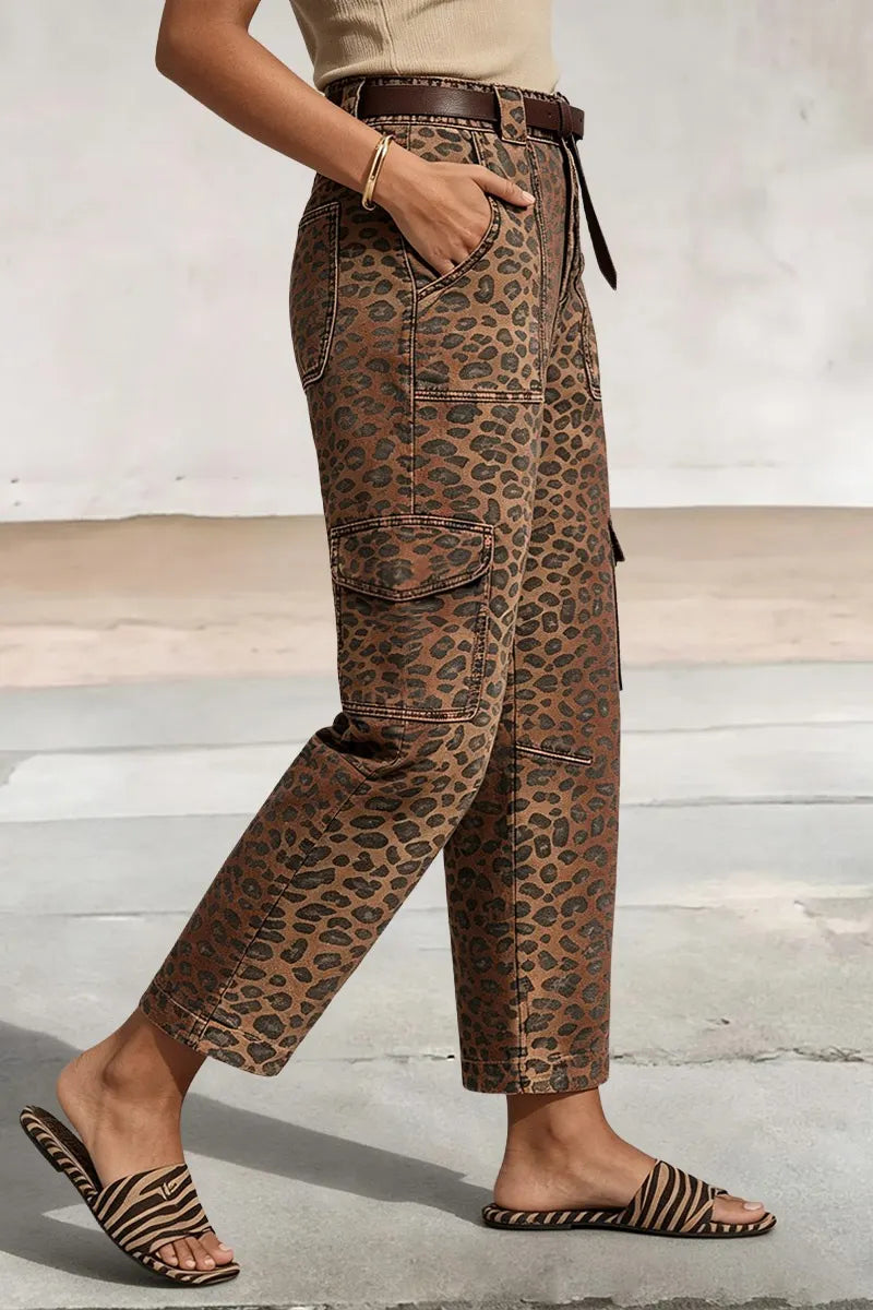 Leopard Print Flap Pocket High Waist Tapered Cargo Crop Pants Without Belt
