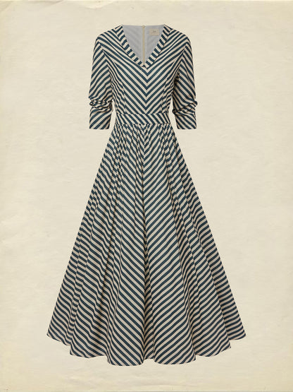 Robe longue en coton, manches courtes, col en V, rayée, style vintage français, bleue