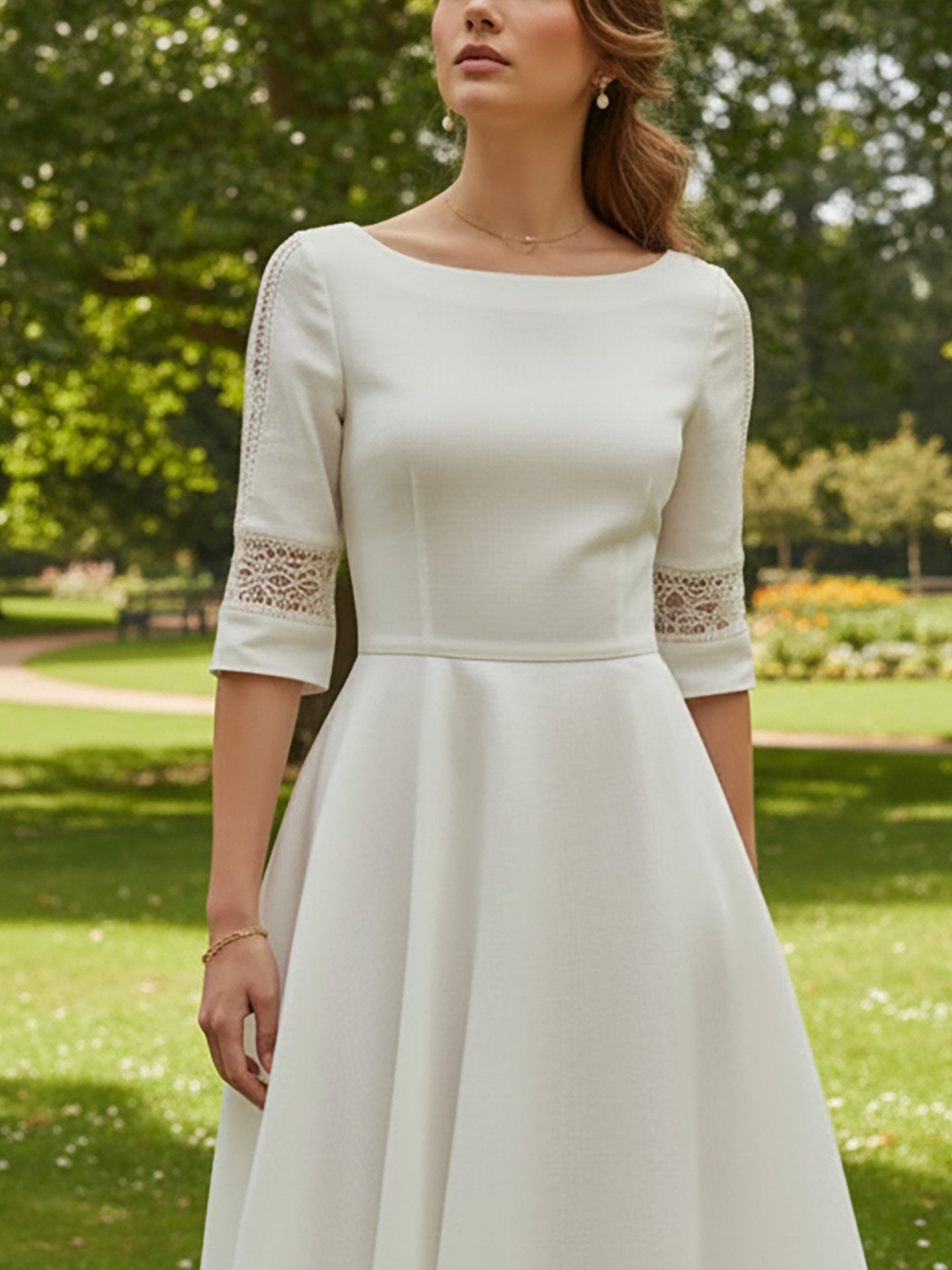 Robe midi en lin, manches courtes, col rond, unie, dentelle, vacances, vintage, blanche