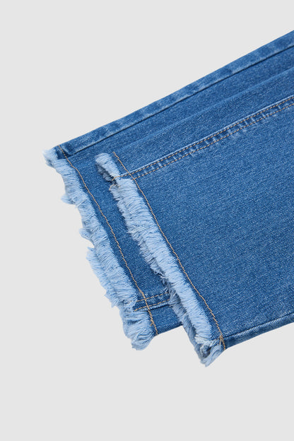 Raw Hem Ripped Mid Waist Straight Leg Capri Jeans
