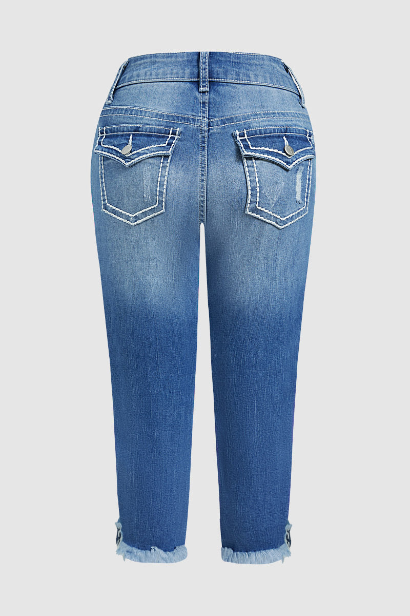 Star Embroidery Ripped Flap Pocket Raw Hem Mid Rise Capri Skinny Jeans